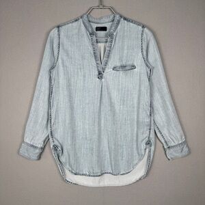 GAP Split Neck Tencel Tunic Top XS Light Blue Popover High Low Hem Casual‎